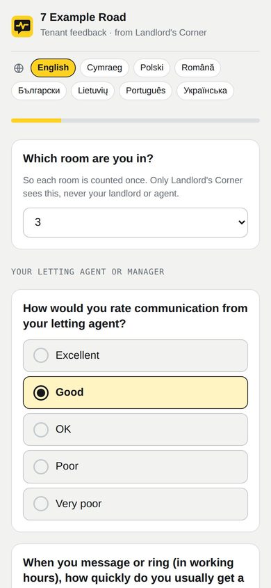 TenantPulse on a phone: a tenant rating how the home is managed